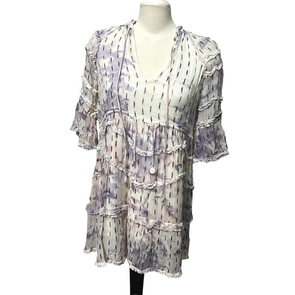 Hemant & Nandita Vivian Color Gold Splash Peasant Dress Sz XS Womens Purple Shee - Picture 3 of 14